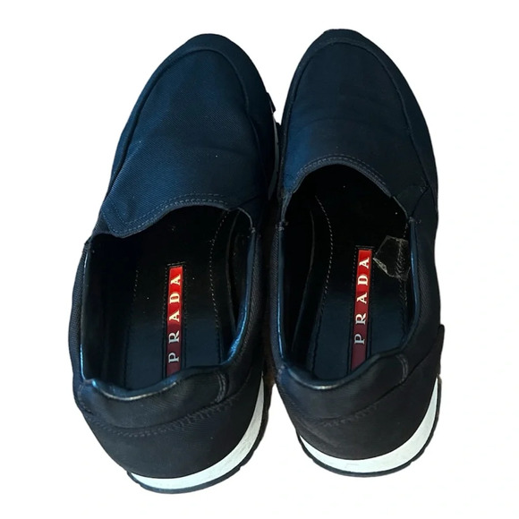 PRADA Linea Rossa Slip On Sneakers Black Nylon Slide On Size 37.5 Leather Trim - Picture 3 of 14